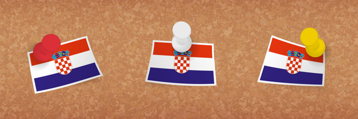 Fototapeta na wymiar Croatia flag pinned in cork board, three versions of Croatia flag.