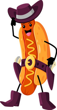 Naklejki Cartoon fast food hot dog cowboy, bandit character. Street food meal Texas cowboy cheerful mascot, takeaway cafe hotdog western sheriff or Wild West funny ranger isolated vector funny personage