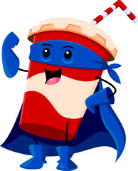 Cartoon fast food soda drink superhero character. Sweet drink defender cute funny mascot, fast food cafe or restaurant beverage cup with straw hero or soda superhero isolated vector comical personage