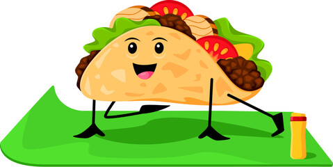Cartoon fast food tacos character on yoga fitness sport. Fast food menu meal cheerful personage, takeaway cafe Mexican cuisine snack, taco isolated vector childish mascot doing sports on mat
