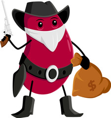 Cartoon bean robber or bandit character. Funny vector red kidney cowboy or ranger with hidden face holding money sack and gun. Isolated fantasy healthy food game or book brave adventurer personage