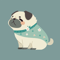 Cute pug puppy sitting in trendy clothes, vector cartoon character.