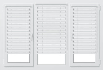 Realistic pvc window, plastic jalousie, clear glass and a sturdy frame, suitable for modern buildings and renovations. Isolated 3d vector modern window mockup with three frames and closed shutters