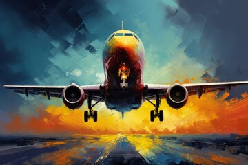 Airplane landing, Oil Painting style.