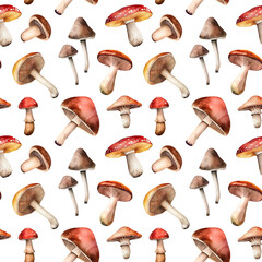Seamless pattern of watercolor illustrations of forest mushrooms, gifts of nature on a white background