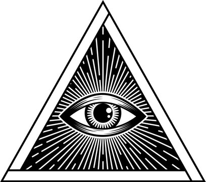 Mystic eye, mystical spiritual eye and geometry triangle. Vector mystery illuminati esoteric souvenir, mason amulet. Pyramid with providence eye
