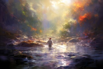 Fototapeta premium Fly Fishing Oil Style Illustration