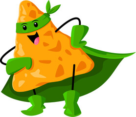 Cartoon fast food cute nacho superhero character. Mexican cuisine chips hero childish mascot, nachos superhero or fast food snack defender isolated vector cheerful character or cute personage