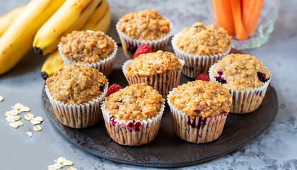 Vegan banana carrot muffins with oats and berries