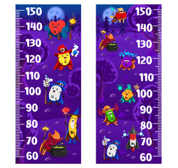 Kids height chart ruler, cartoon vitamin wizards and sorcerers. Vector growth meter, wall sticker for children height measurement with D, C, U and B6 with P, B12, E and B1 with B9 funny characters