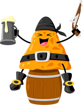 Cartoon fast food nacho chip pirate and corsair character. Mexican cuisine snack privateer childish mascot, nacho pirate isolated vector personage sitting on barrel, drink beer and armed with pistol