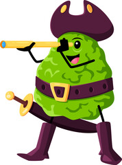 Cartoon bergamot fruit pirate character with spyglass. Isolated vector citrus with a tangy and aromatic flavor. Bold and adventurous personage, searching for treasure with a trusty spyglass in hand