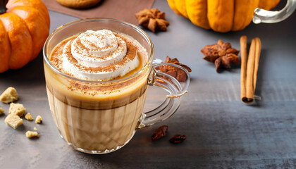 Pumpkin spice latte in a glass mug with cinnamon, nutmeg and cookies - obrazy, fototapety, plakaty