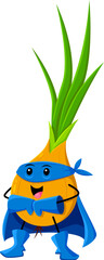 Cartoon cheerful onion vegetable superhero character. Strong vegetable hero, defender isolated vector funny personage. Shallot onion warrior comical mascot posing in blue mask, boots, gloves and cape