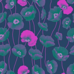 Seamless pattern with wild tulips on a dark background. Suitable for printing on fabrics, wallpaper and office, for packaging products and for background images.
