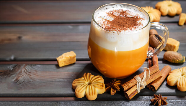 Pumpkin spice latte in a glass mug with cinnamon, nutmeg and cookies