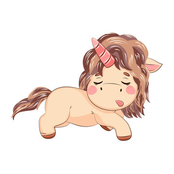 Kresk&oacute;wkowy uroczy jednorożec w stylu kawaii. Śpiący mały kucyk. Ilustracja wektorowa na białym tle.