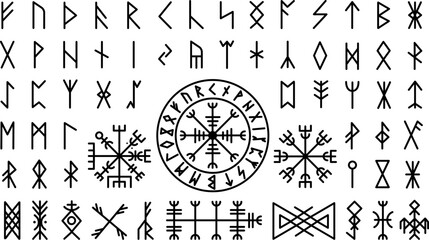 Futhark viking norse. Icelandic mystery collection protection symbol and runes. Magic nordic ancient elements, celtic mythology decent vector set - obrazy, fototapety, plakaty