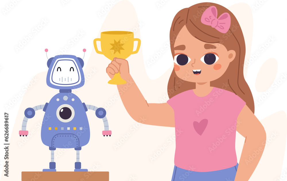 Poster kid programming robot on robotics competition. talent science girl with golden winner cup. electroni