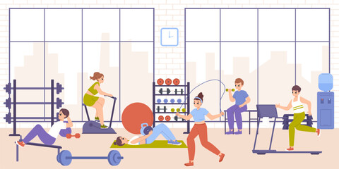 Fototapeta premium People in gym training sports. Athletic men and women with dumbbells, on fit equipment. Sport healthy lifestyle, snugly workout vector scene