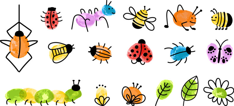 Children style fingerprint art insects. Decorative paint childish graphic, kids drawing spider, bugs, bee. Nursery game vector elements