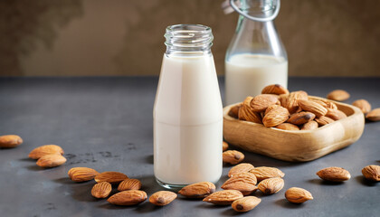 Homemade almond milk in a small bottle