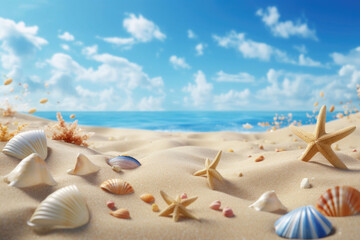 Fototapeta na wymiar Sandy beach with collections of seashells and starfish as natural textured background