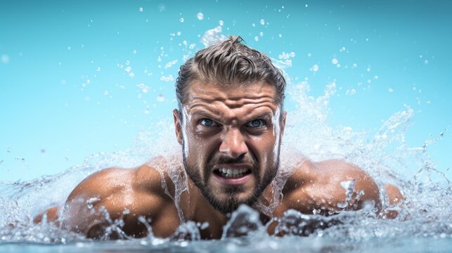 Cute Young man swimming the front crawl in a pool, AI generated image