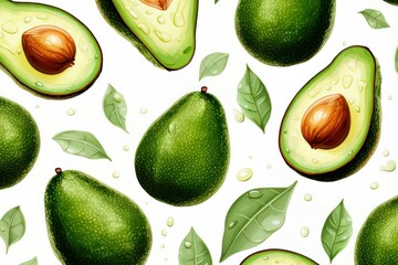 Whole and halves of avocado with leaf on an isolated white background. Pattern. Watercolor. Generated AI.