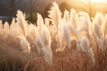 Abstract natural background of soft plants Cortaderia selloana. Pampas grass on a blurry bokeh, Dry reeds boho style. Fluffy stems of tall grass. ai generative - obrazy, fototapety, plakaty