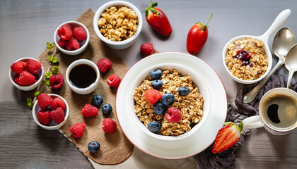 Breakfast table with granola, coffee and fresh berries