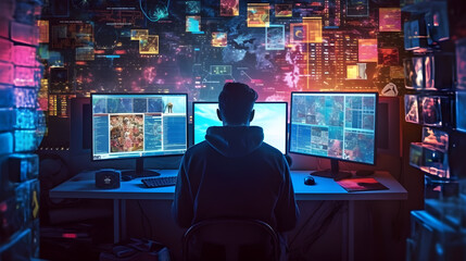 Fototapeta premium A skilled IT engineer at work with multiple computer monitors, ensuring information security, data protection, and efficient network management. Expertly typing to secure against cyber threats and pot