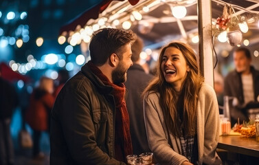 Obraz premium Joyful caucasian couple on a date, laughing and enjoying street food in the city nightlife