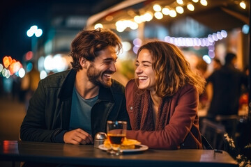 Joyful caucasian couple on a date, laughing and enjoying street food in the city nightlife - Powered by Adobe