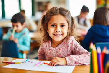 Young girl in school, expressing creativity through art by drawing with colored pencils