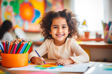 Young girl in school, expressing creativity through art by drawing with colored pencils - obrazy, fototapety, plakaty