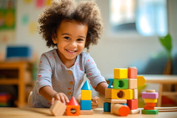 A lifestyle photograph of a young African American toddler playing with colorful wooden block toys - obrazy, fototapety, plakaty