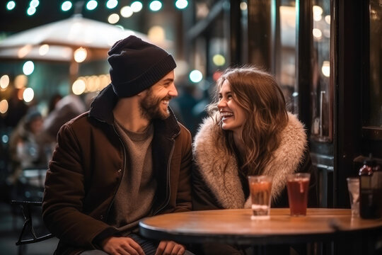 Joyful Caucasian Couple On A Date, Laughing And Enjoying Street Food In The City Nightlife