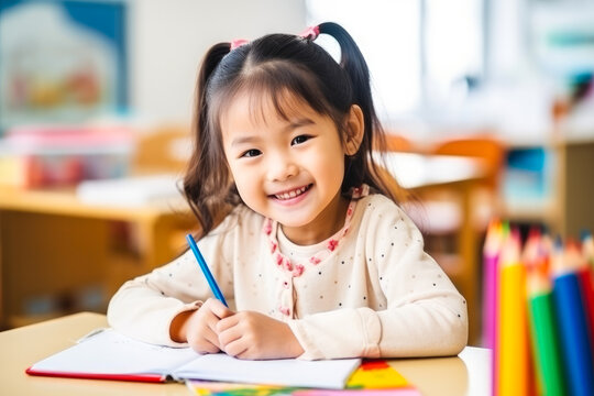 Young Asian girl in school, expressing creativity through art by drawing with colored pencils