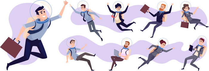 Business astronauts. Space exploring characters flying business persons exact vector characters set