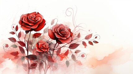 Red rose and falling petals flower. Watercolor, AI generated image