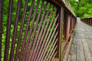 Close up of rusty metal bars on boardwalk railing with green forest tree tops behind spokes