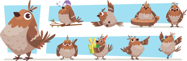 Sparrows. Cartoon birds in action poses exact vector funny sparrows communicating