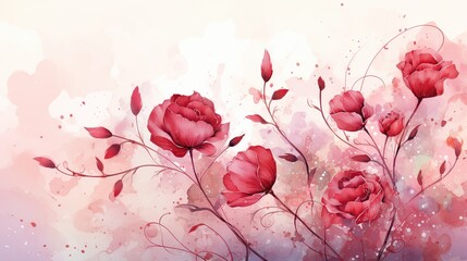Red rose and falling petals flower. Watercolor, AI generated image