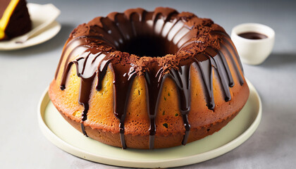 Vanilla bundt cake with chocolate glaze on top