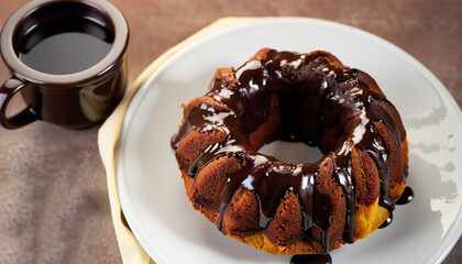 Vanilla bundt cake with chocolate glaze on top