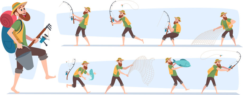 Fishing. Summer hobby outdoor fisherman in action poses exact vector cartoon people