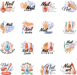 Fototapeta na wymiar Manicure studio. Stylized simple logo for beauty woman recent vector nail salon templates symbols