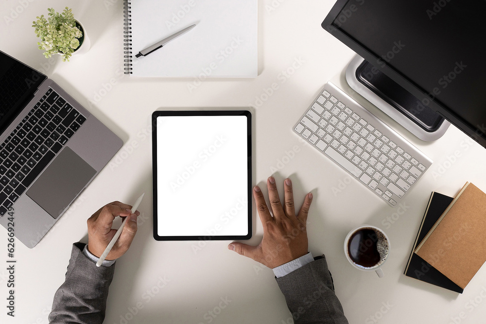 Poster digital tablet computer close up man using tablet hands man multitasking with isolated screen