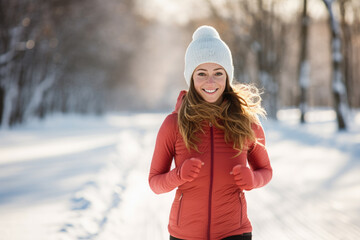 Woman running in snow, winter landscape